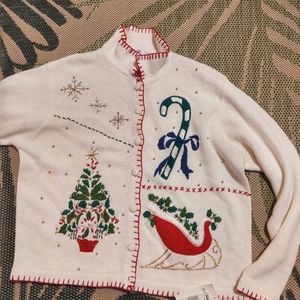 Ship N Shore Large Christmas Cardigan Sweater White Red Green Buttons Beaded